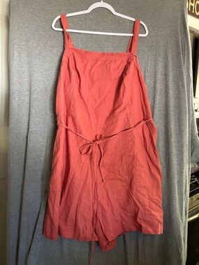 Coral Linen Romper with Tie Waist